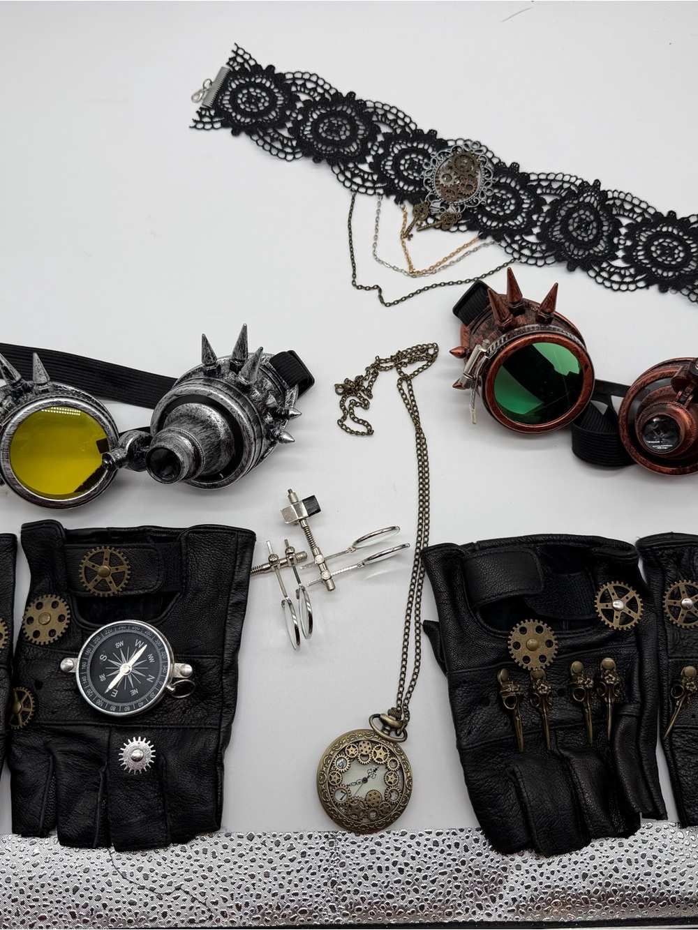 Spirit 2 sets of Black Steampunk Fingerless Gloves with Gear Accents and goggles